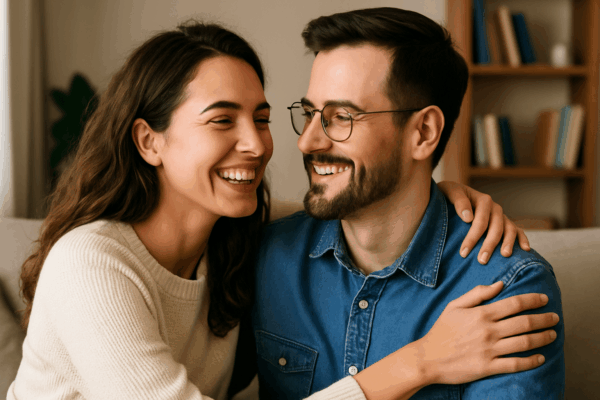 A man and woman hugging after seeking therapy