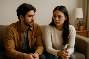 Couple sitting in their living room having a tense conversation, showing signs of emotional overwhelm and communication struggles.