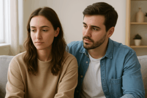 Young couple sitting together on a couch, looking concerned and distant, reflecting tension during a recurring relationship conflict.